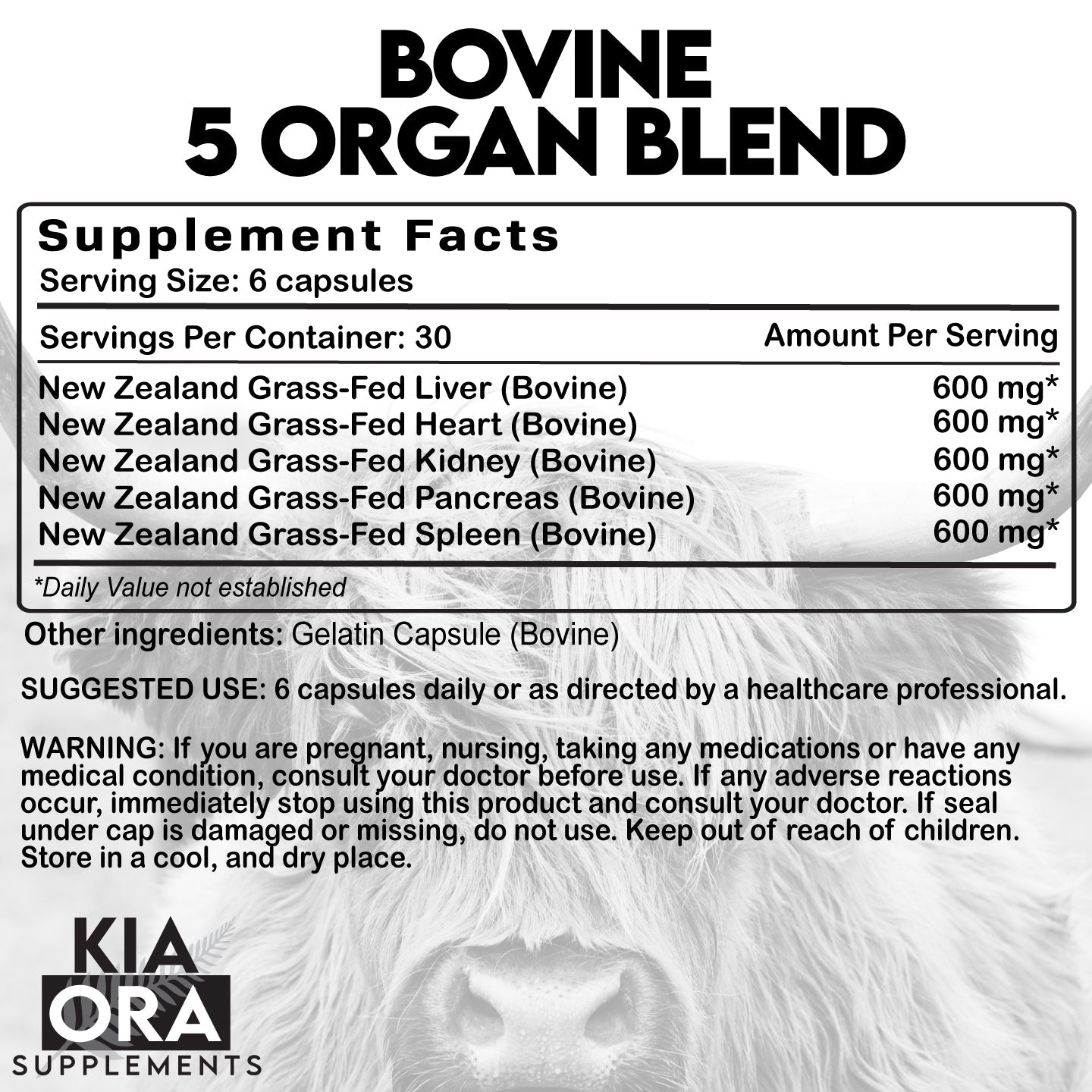 Grass - Fed Bovine Organ Complex – Liver, Heart, Kidney, Pancreas & Spleen | Full - Body Support for Energy, Detox & Immune Health. 180ct - KIA ORA LLC
