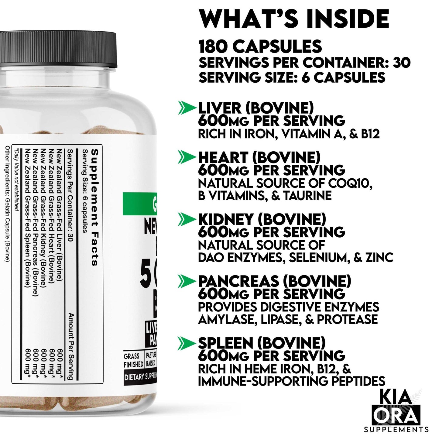 5 organ complex Supplement bottle with label and text detailing contents and benefits on a white background
