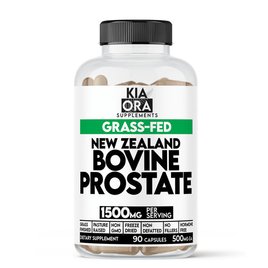Supplement bottle labeled 'New Zealand Bovine Prostate' by Kia Ora Supplements on a white background