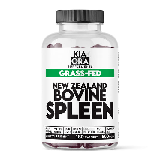 Supplement bottle labeled 'Kia Ora Supplements' with 'Grass-Fed New Zealand Bovine Spleen' on a white background