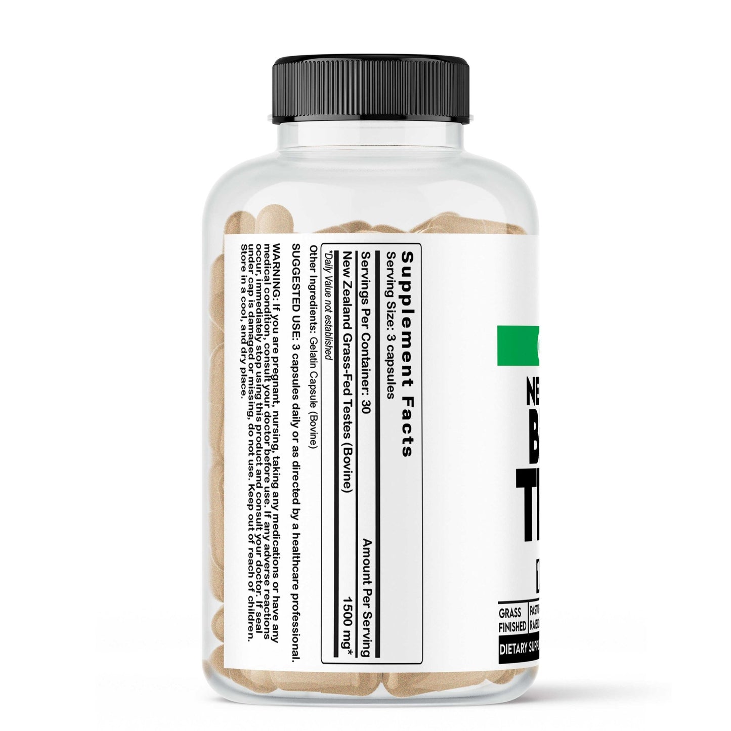 Beef testes Supplement bottle with visible supplements facts label on a white background