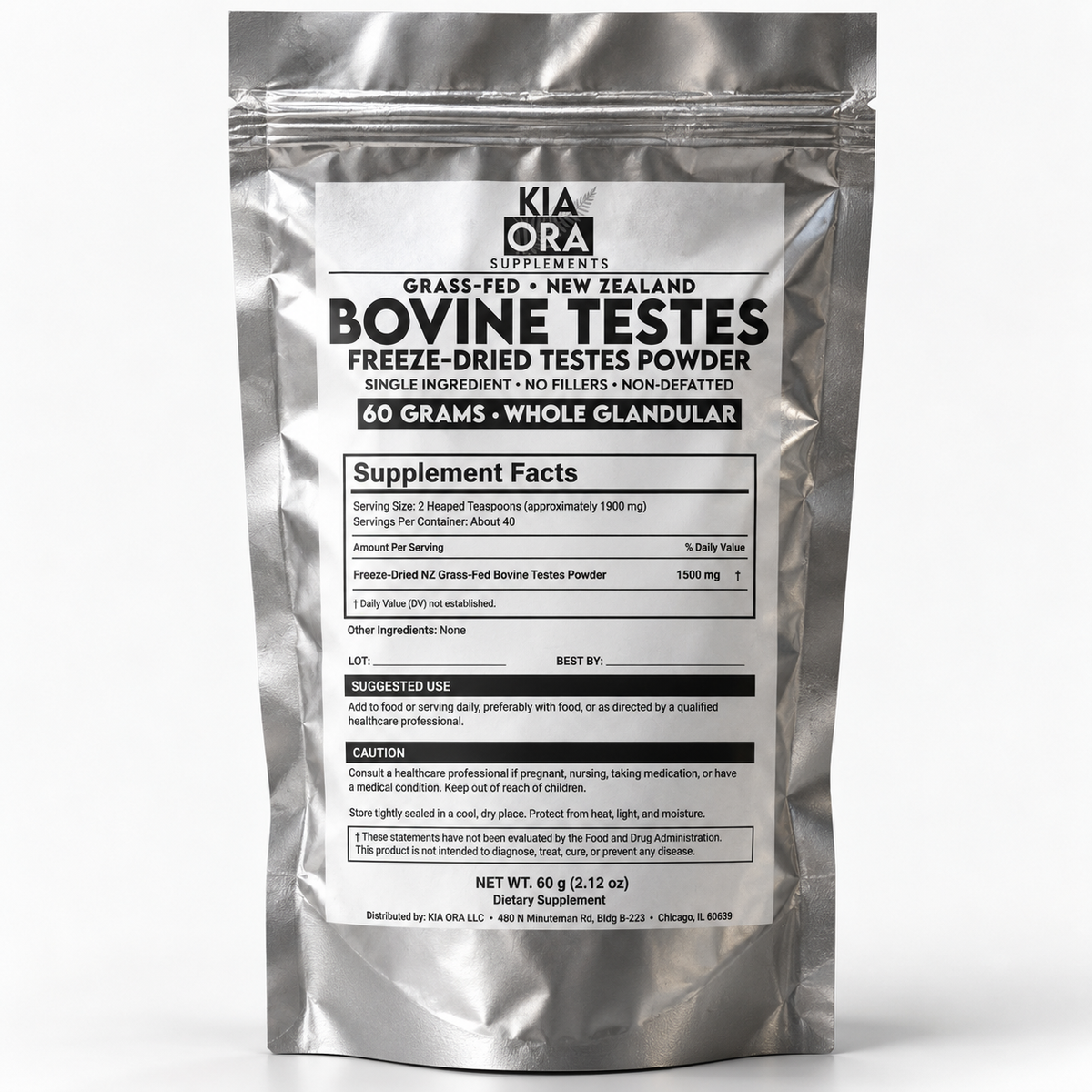 A silver stand-up pouch of Kia Ora Supplements Bovine Testes Freeze-Dried Testes Powder, displayed on a clean white background.