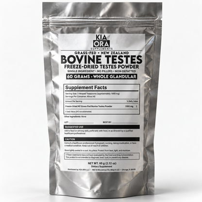 A silver stand-up pouch of Kia Ora Supplements Bovine Testes Freeze-Dried Testes Powder, displayed on a clean white background.