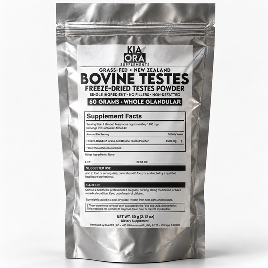 A silver stand-up pouch of Kia Ora Supplements Bovine Testes Freeze-Dried Testes Powder, displayed on a clean white background.