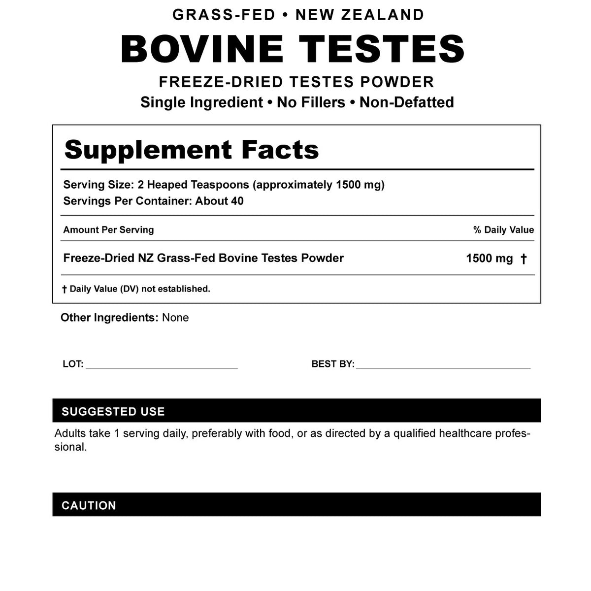A supplement facts label for Bovine Testes Powder, showing product details such as serving size, servings per container, and suggested use on a white background.