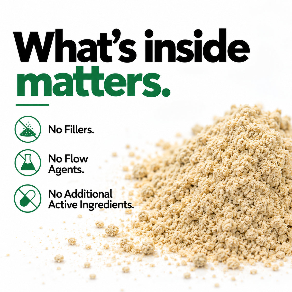 bovine testes powder on a white background with marketing text reading 'What's inside matters.' and bullet points stating no fillers, no flow agents, and no additional active ingredients.