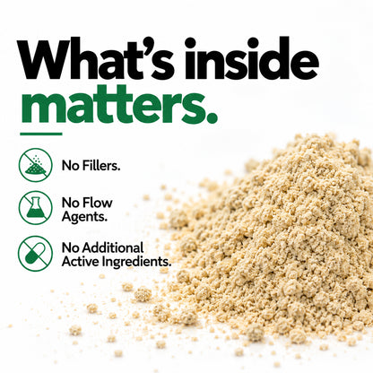 bovine testes powder on a white background with marketing text reading 'What's inside matters.' and bullet points stating no fillers, no flow agents, and no additional active ingredients.
