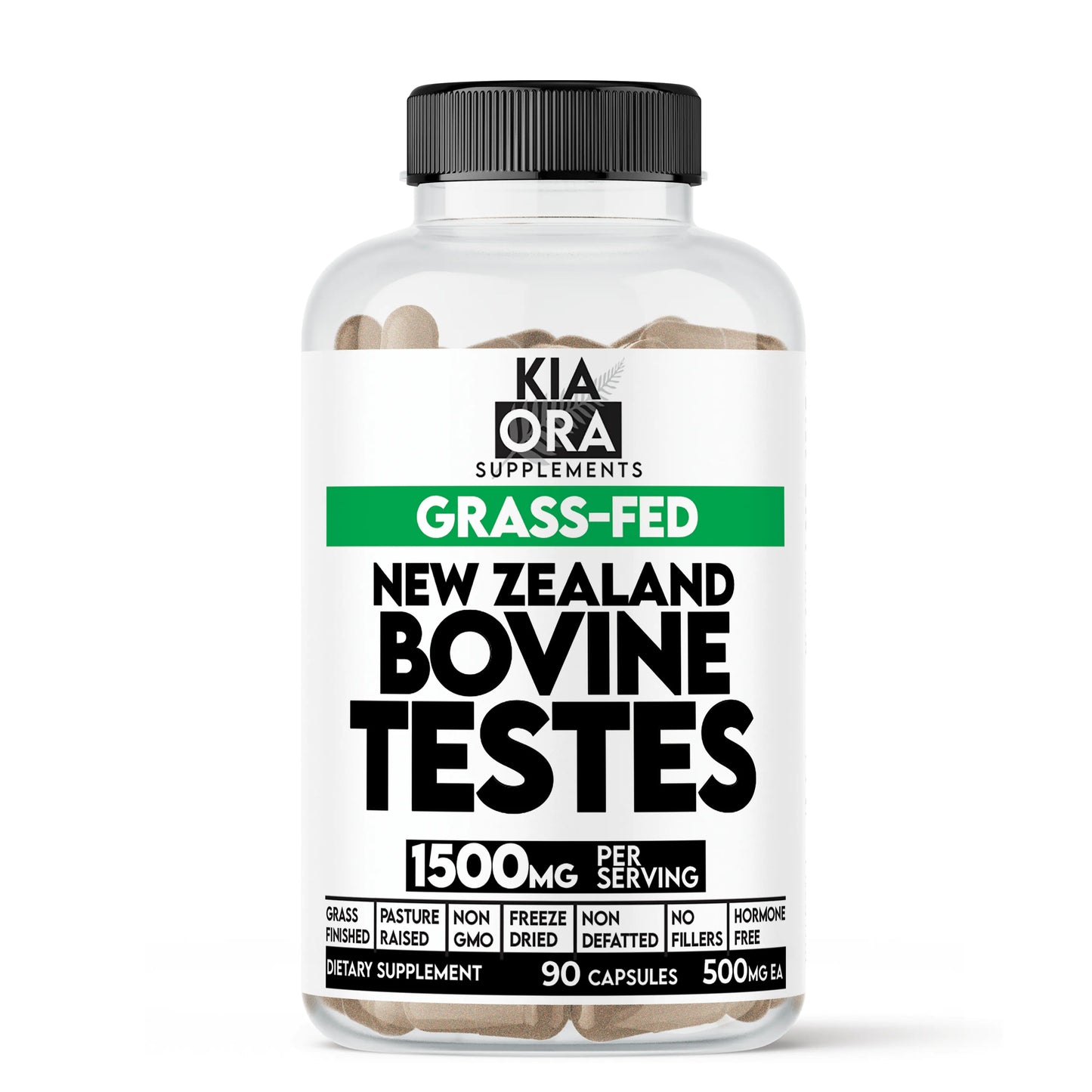 Supplement bottle labeled 'Kia Ora Supplements' with 'Grass-Fed New Zealand Bovine Testes' on a white background.
