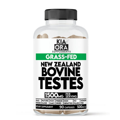 Supplement bottle labeled 'Kia Ora Supplements' with 'Grass-Fed New Zealand Bovine Testes' on a white background.