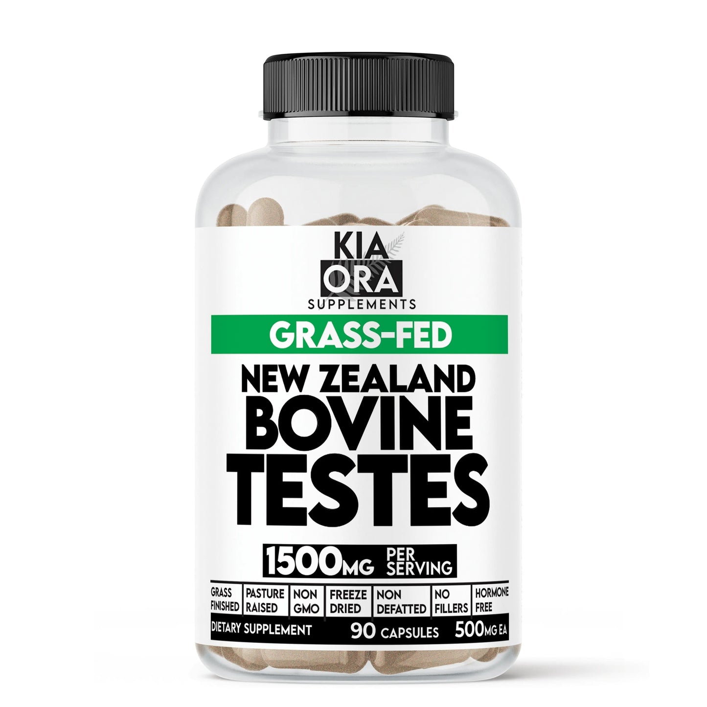 Supplement bottle labeled 'Kia Ora Supplements' with 'Grass-Fed New Zealand Bovine Testes' on a white background.