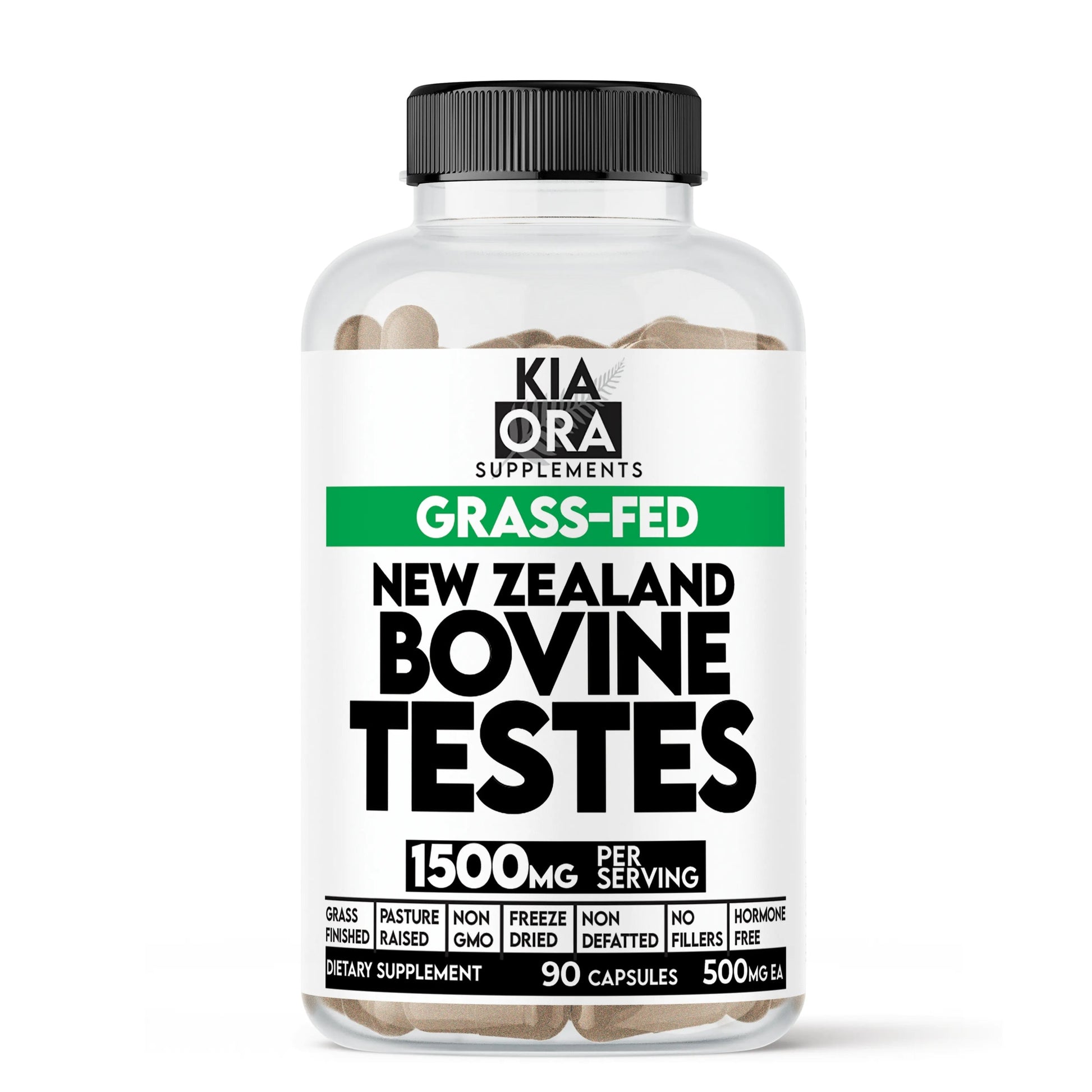 Supplement bottle labeled 'Kia Ora Supplements' with 'Grass-Fed New Zealand Bovine Testes' on a white background.