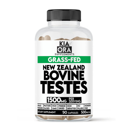 Supplement bottle labeled 'Kia Ora Supplements' with 'Grass-Fed New Zealand Bovine Testes' on a white background.