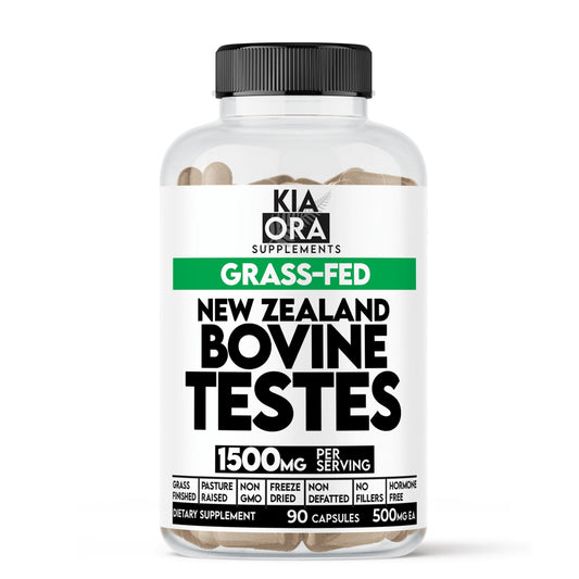 Supplement bottle labeled 'Kia Ora Supplements' with 'Grass-Fed New Zealand Bovine Testes' on a white background.