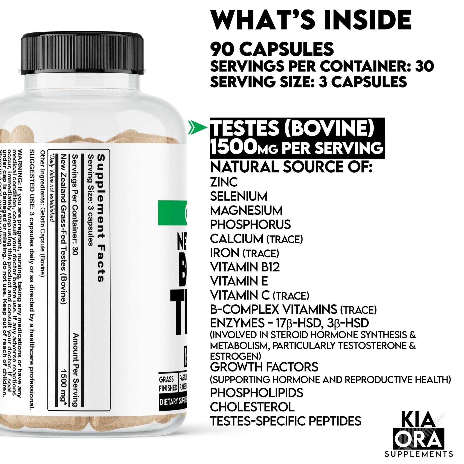 Kia Ora Beef Testes Supplement bottle with label detailing ingredients and nutritional information on a white background