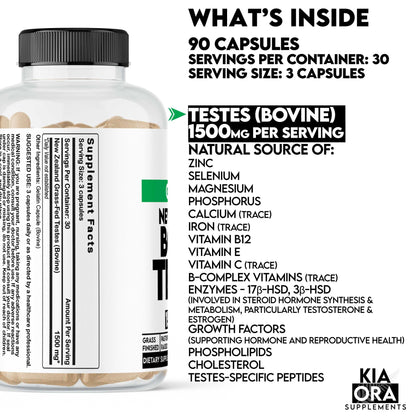 Kia Ora Beef Testes Supplement bottle with label detailing ingredients and nutritional information on a white background