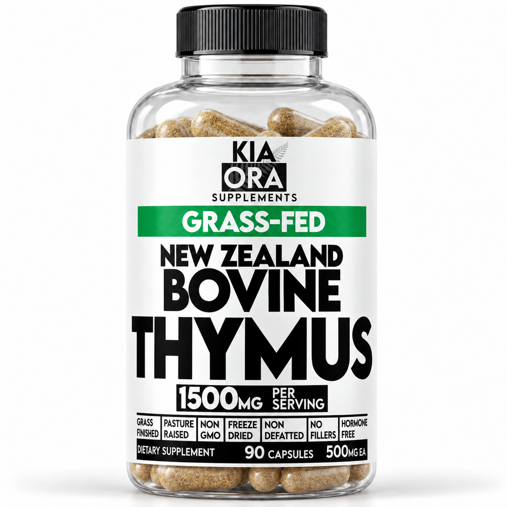 A clear plastic bottle of Kia Ora Supplements Grass-Fed New Zealand Bovine Thymus 1500mg dietary supplement capsules, featuring a white label with green and black text and a black cap.