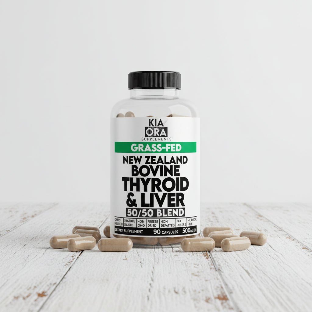 Supplement bottle labeled 'New Zealand Bovine Thyroid & Liver 50/50 Blend' by Kia Ora Supplements on a wooden surface.