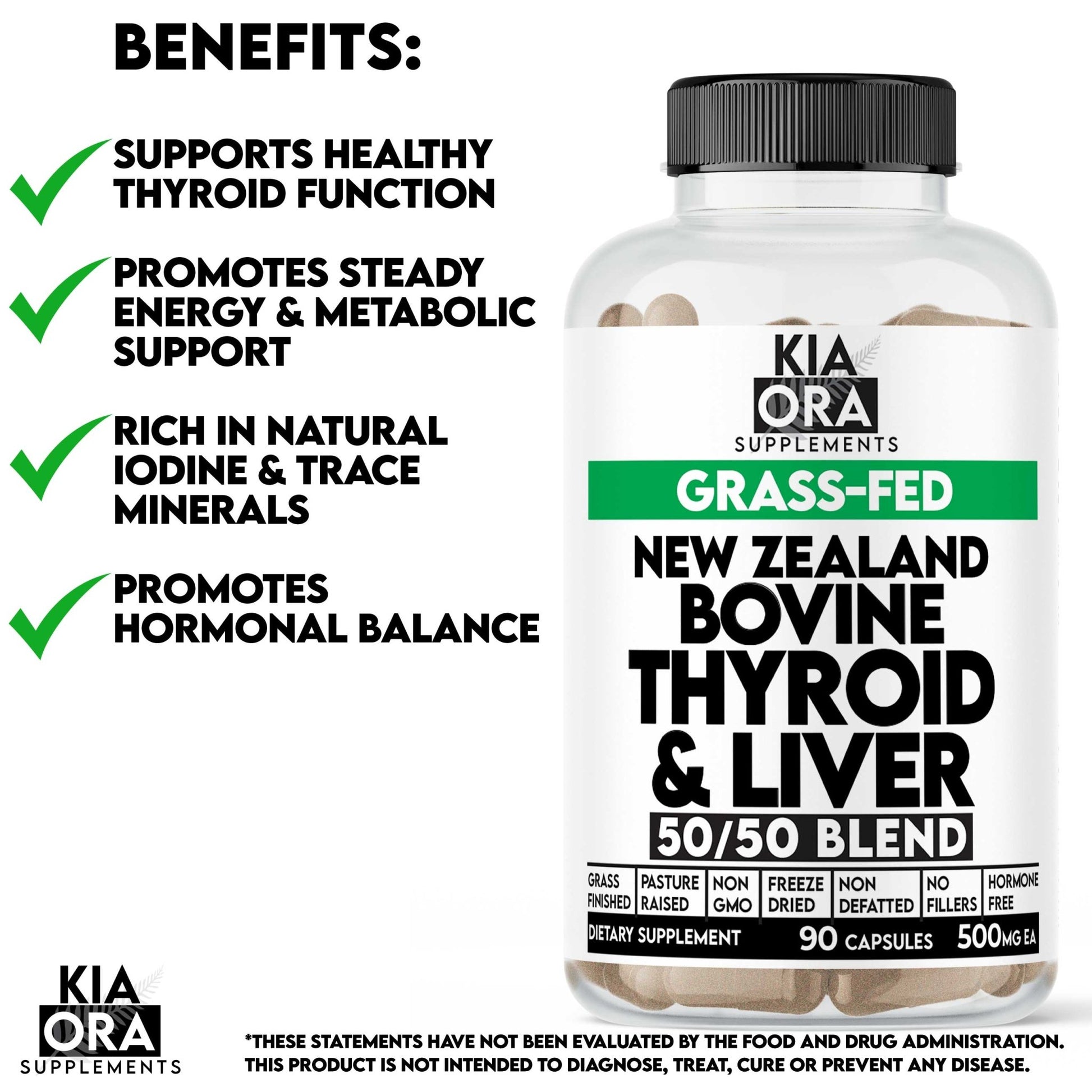 Kia Ora Supplements bottle of New Zealand Bovine Thyroid & Liver Blend with benefits listed.