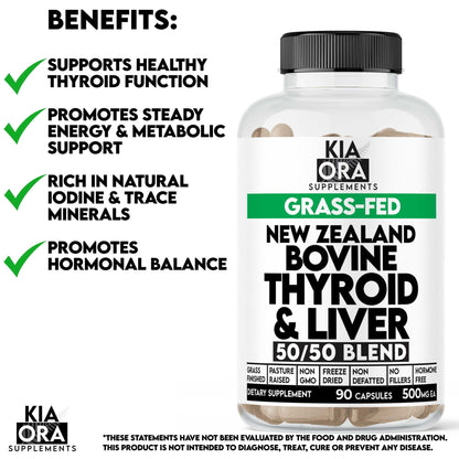 Kia Ora Supplements bottle of New Zealand Bovine Thyroid & Liver Blend with benefits listed.
