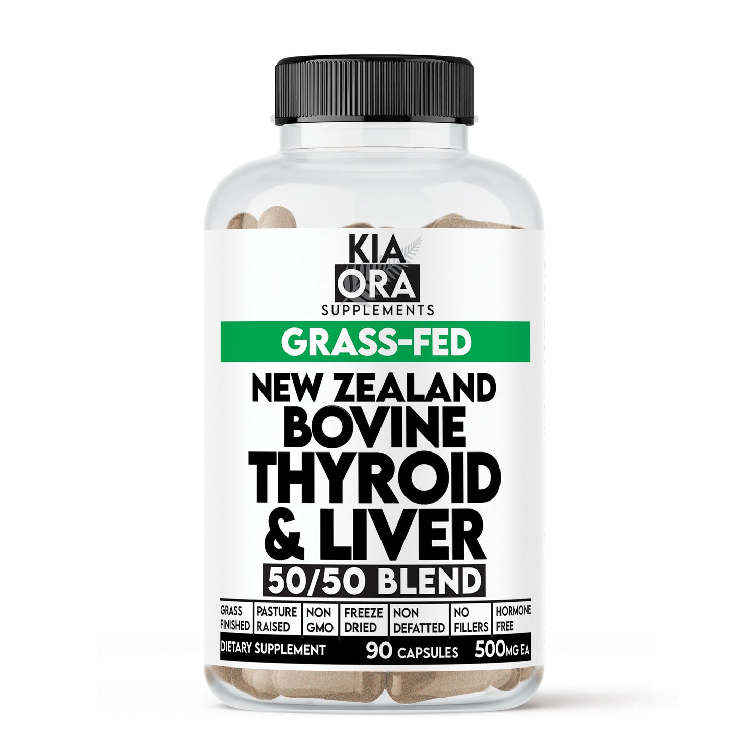 Supplement bottle labeled 'Kia Ora Supplements' with grass-fed New Zealand bovine thyroid and liver blend on a white background.