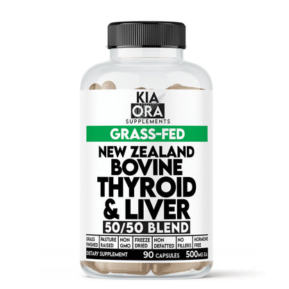 Supplement bottle labeled 'Kia Ora Supplements' with grass-fed New Zealand bovine thyroid and liver blend on a white background.