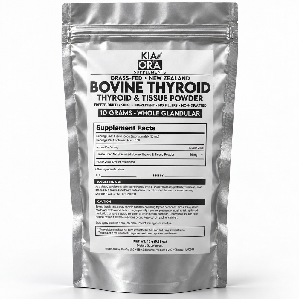 A silver stand-up pouch of Kia Ora Supplements Bovine Thyroid Thyroid Powder, 10 grams, on a white background.