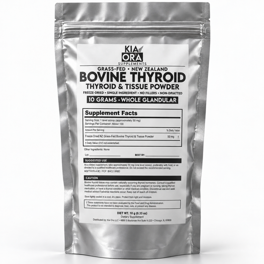A silver stand-up pouch of Kia Ora Supplements Bovine Thyroid Thyroid Powder, 10 grams, on a white background.