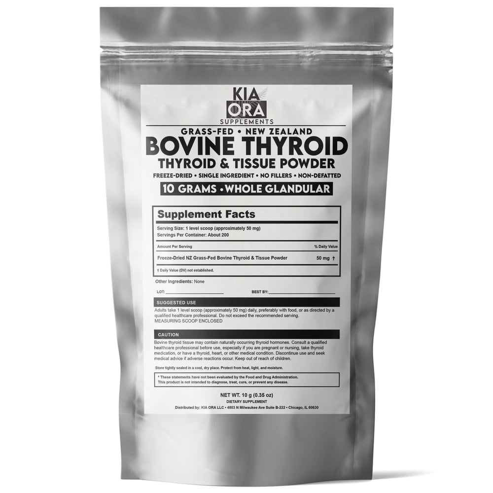 Kia Ora Bovine Thyroid & Tissue Powder 10 g pouch, freeze-dried New Zealand grass-fed bovine thyroid and tissue
