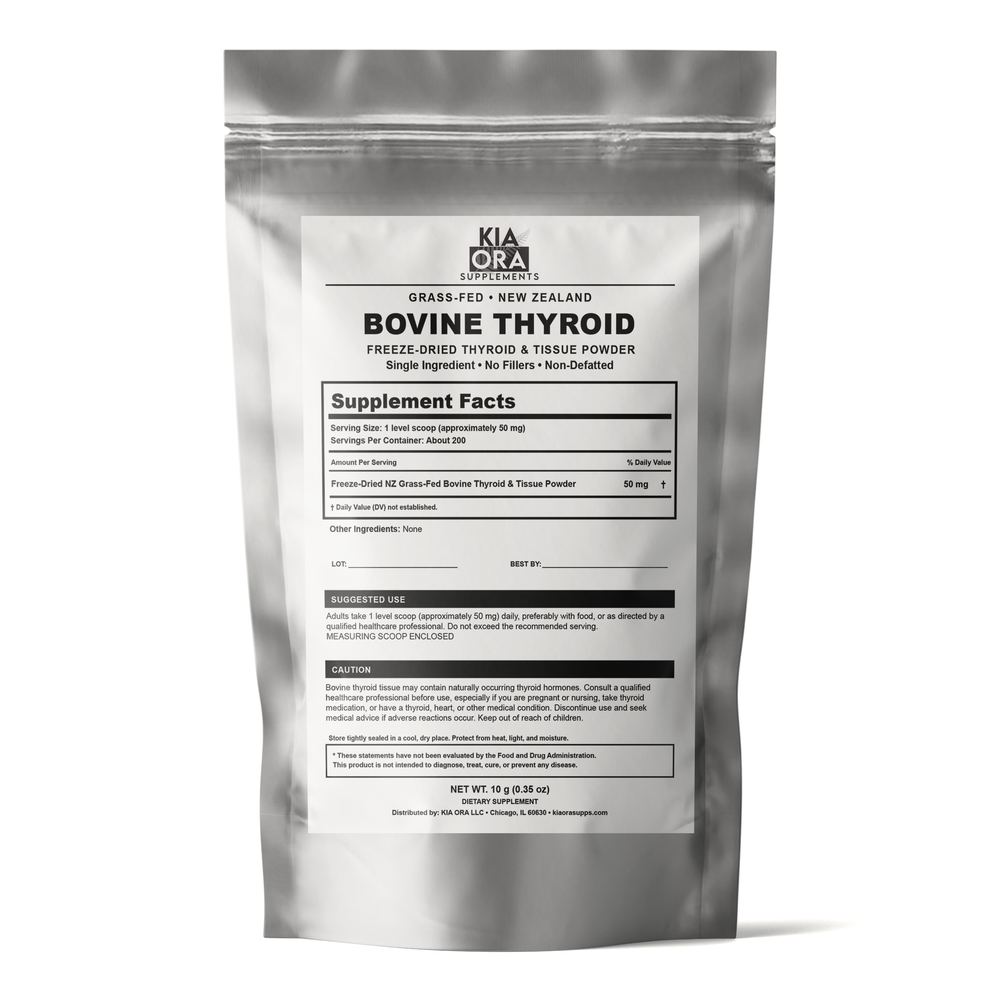A silver stand-up pouch of Kia Ora Veterinary Bovine Thyroid Freeze dried Thyroid & Tissue Powder supplement, shown on a white background with a soft shadow.