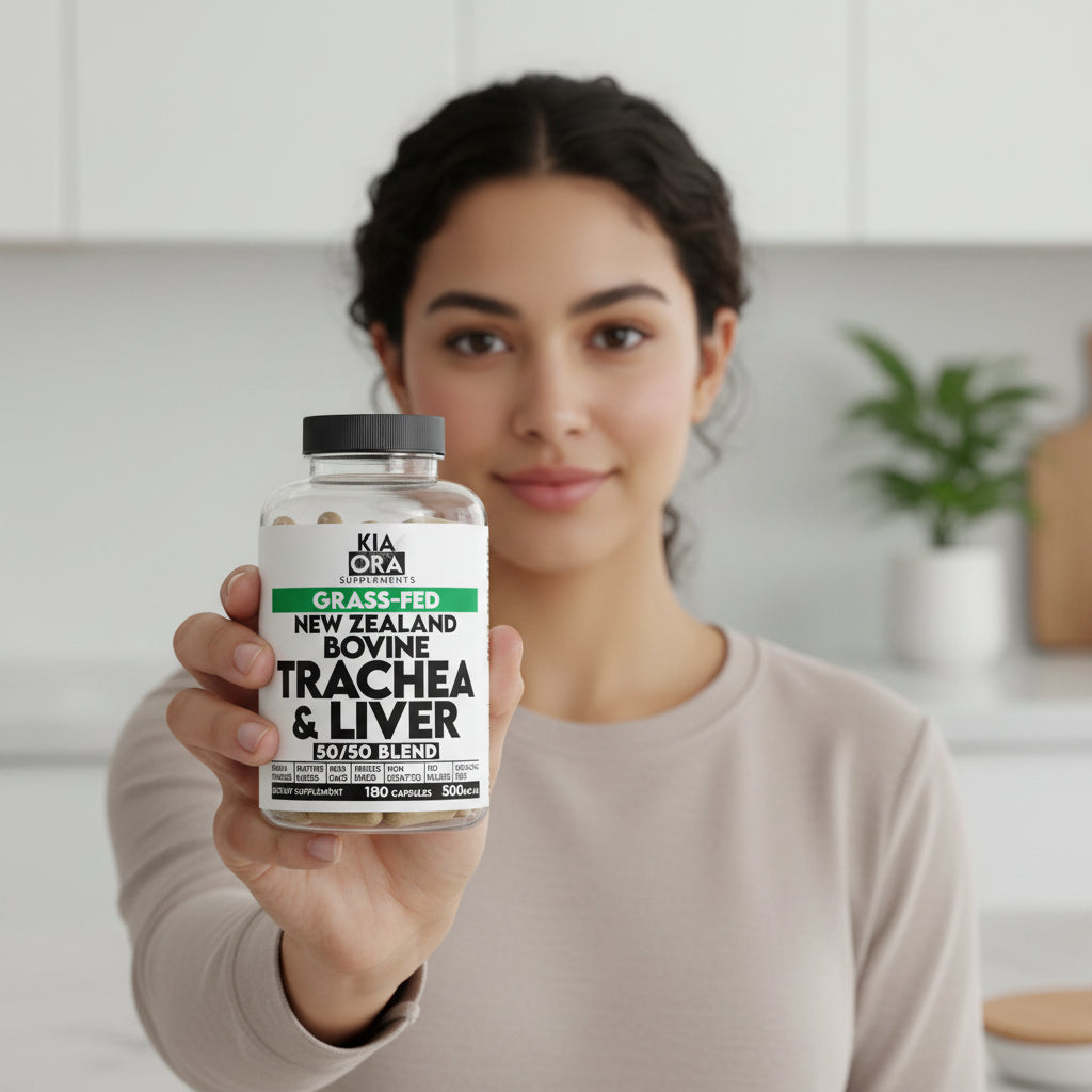 Woman holding a trachea supplement bottle labeled 'Kia Ora' in a kitchen setting