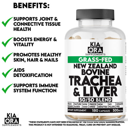 Kia Ora trachea with liver Supplements bottle with benefits listed on a white background