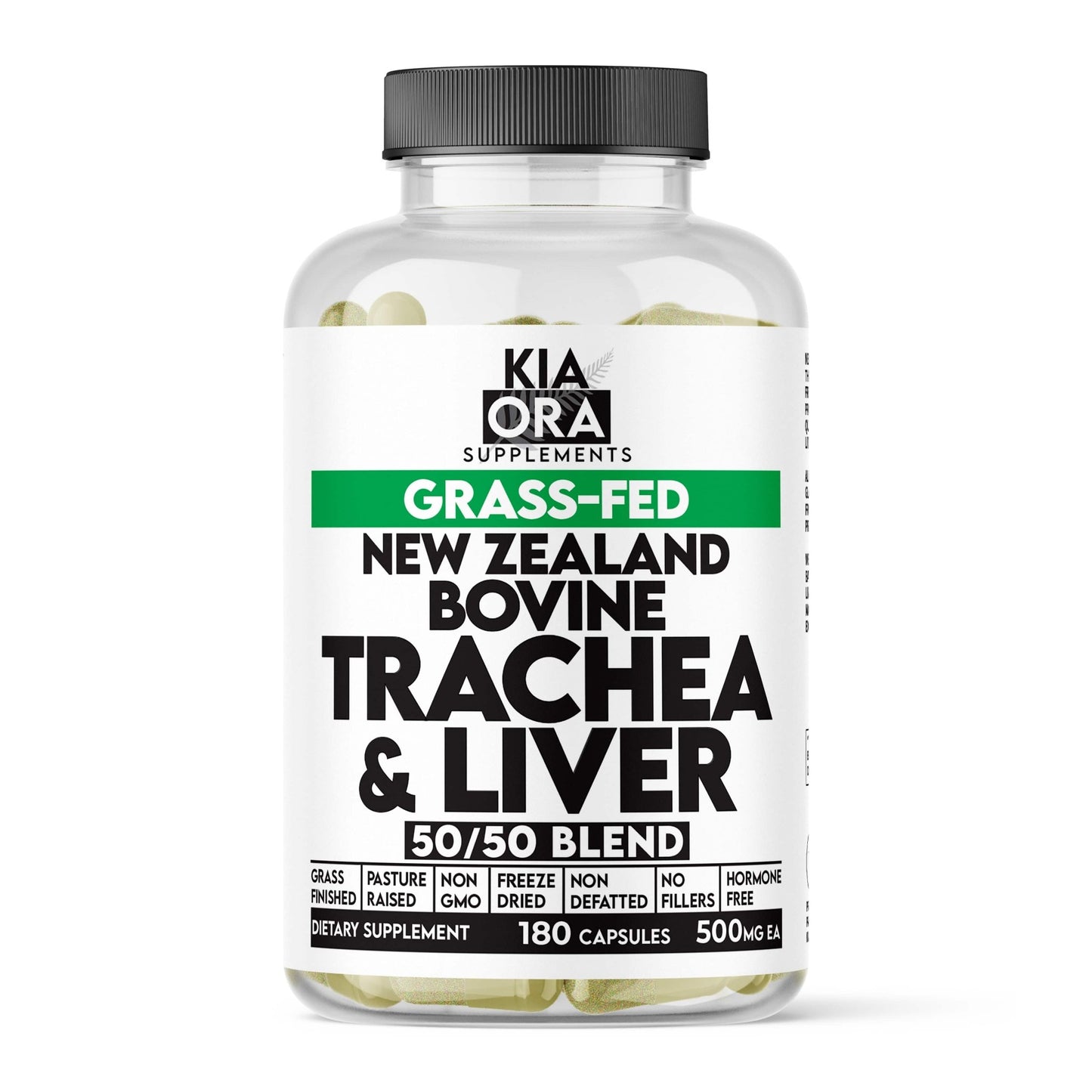 Supplement bottle labeled 'Kia Ora Supplements' with grass-fed, New Zealand bovine trachea & liver blend on white background.