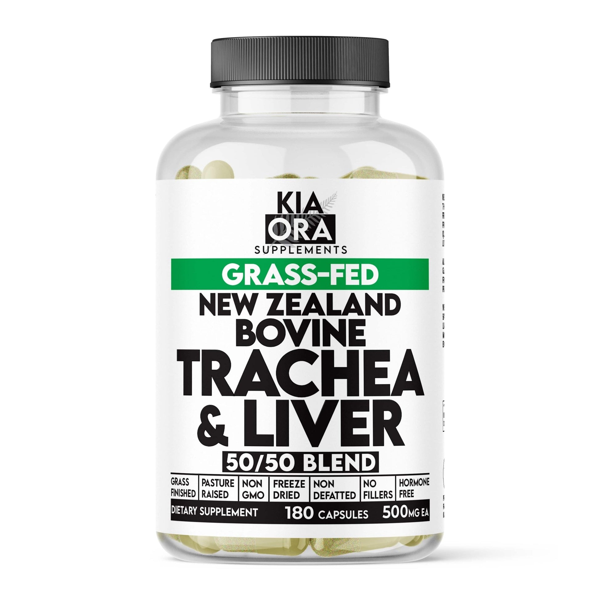 Supplement bottle labeled 'Kia Ora Supplements' with grass-fed, New Zealand bovine trachea & liver blend on white background.