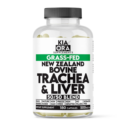 Supplement bottle labeled 'Kia Ora Supplements' with grass-fed, New Zealand bovine trachea & liver blend on white background.