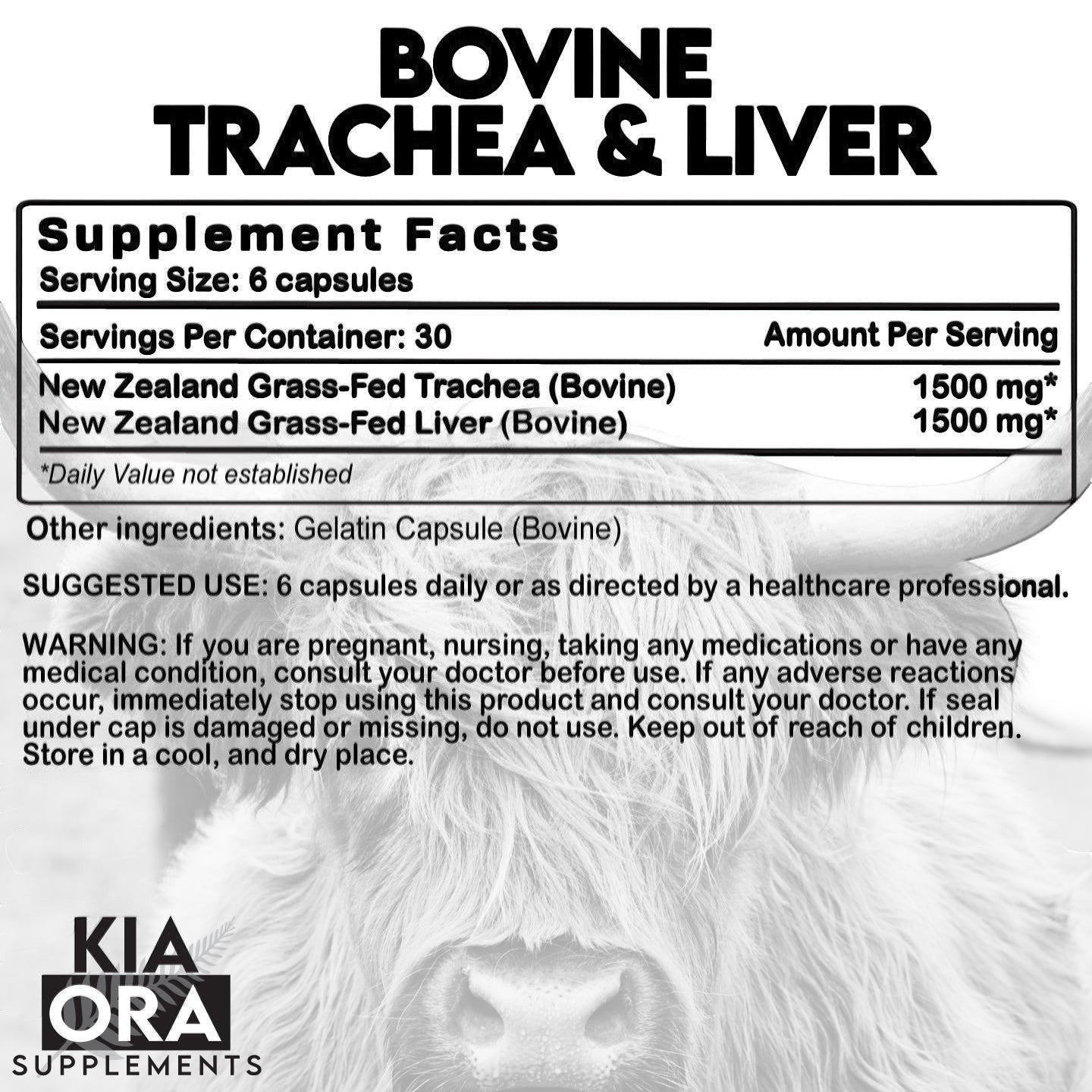 Supplement label for bovine trachea and liver with a close-up of a cow's face.