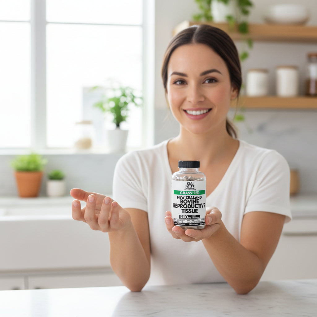 Woman holding a supplement bottle female reproductive tissue in a kitchen setting