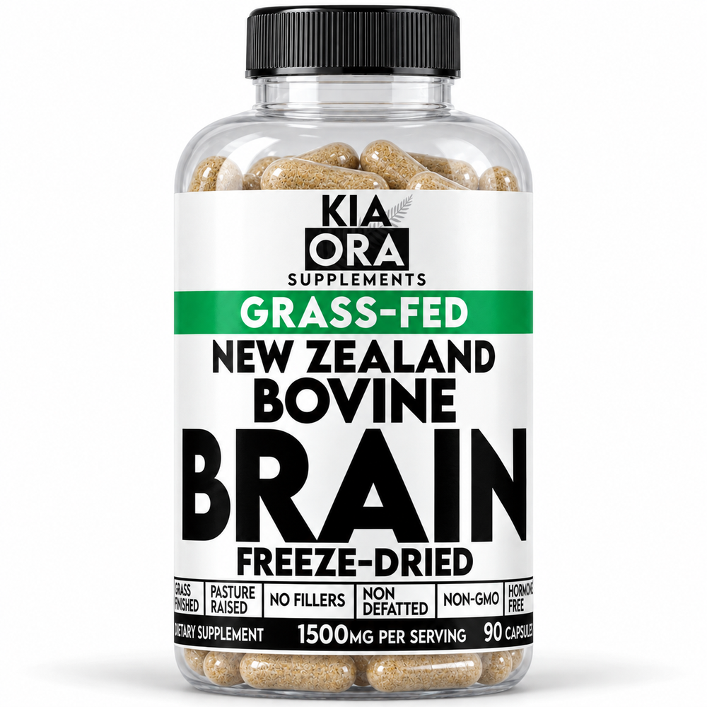 A clear plastic bottle of Kia Ora Supplements New Zealand Bovine Brain Freeze-Dried capsules, featuring a white label with green and black text, a black ribbed cap, and visible beige-brown capsules inside.