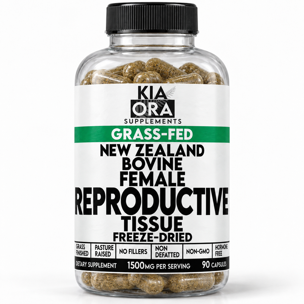 A bottle of Kia Ora Supplements Grass-Fed New Zealand Bovine Female Reproductive Tissue Freeze-Dried dietary supplement, containing 90 capsules, with a white label and black cap.