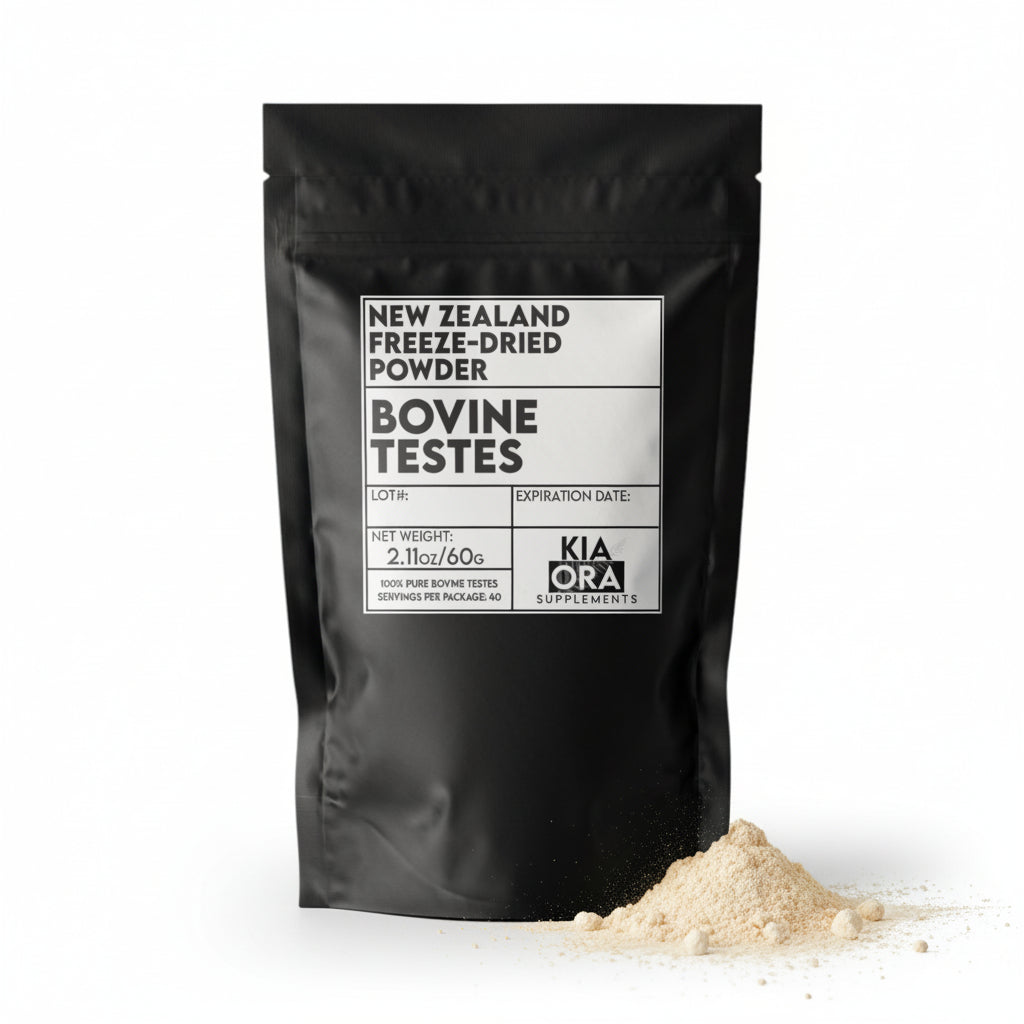 Black supplement package labeled 'New Zealand Freeze-Dried Powder Bovine Testes' by Kia Ora on a white background.