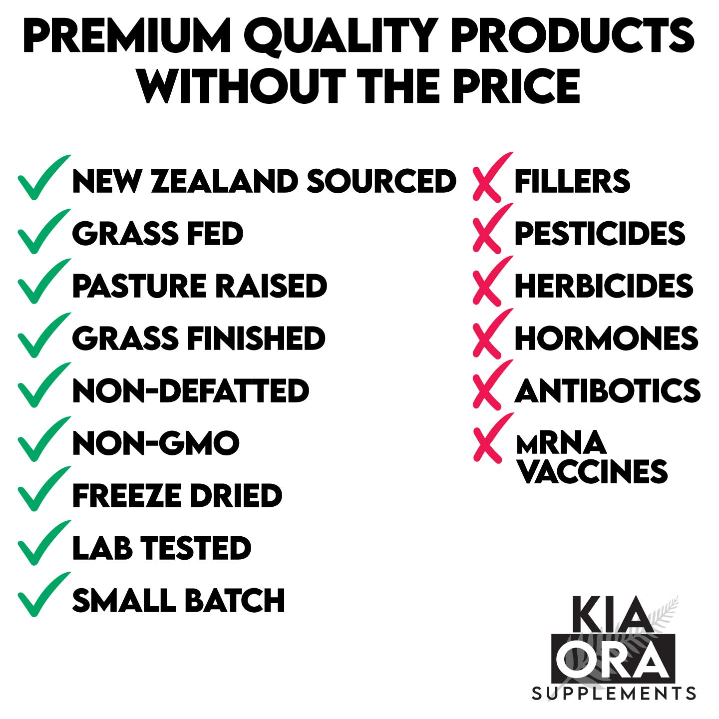 List of premium quality product attributes with checkboxes and KIA ORA Supplements branding.
