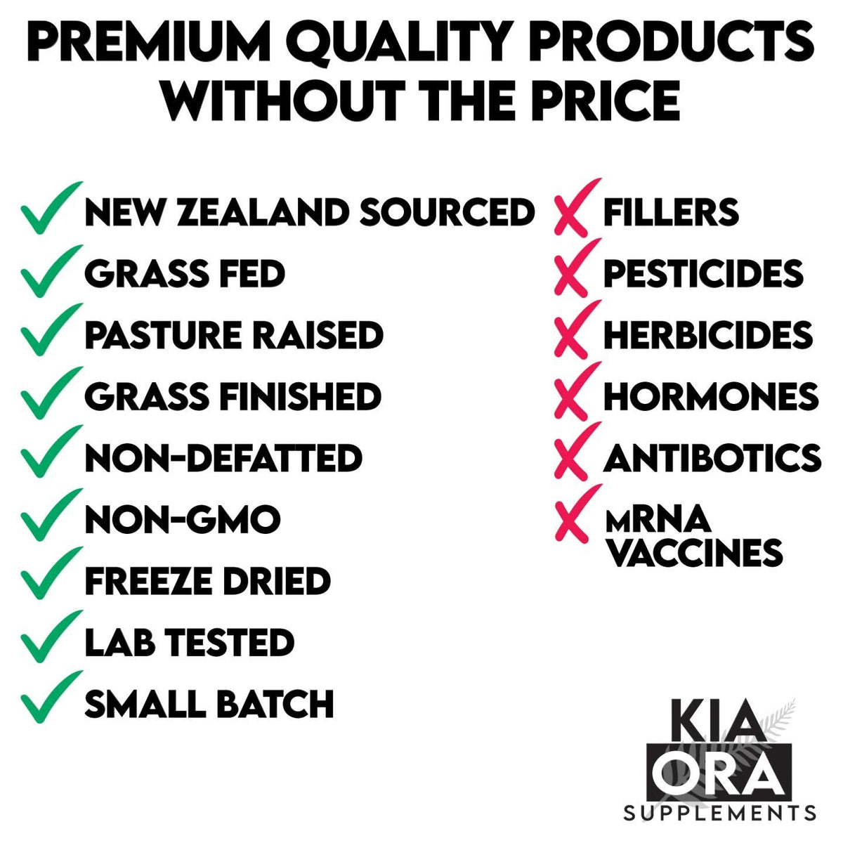 List of premium quality product attributes with checkboxes and KIA ORA Supplements branding.