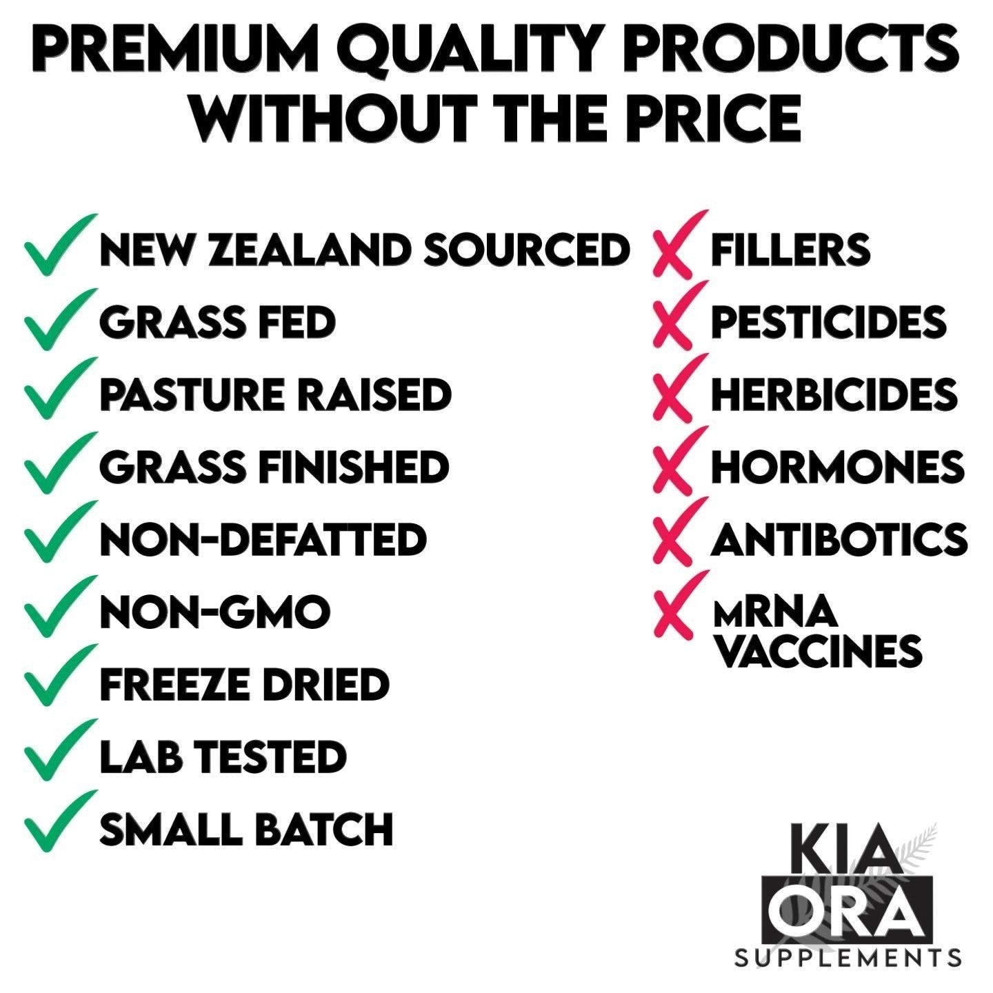 List of premium quality product attributes with checkboxes and KIA ORA Supplements branding.