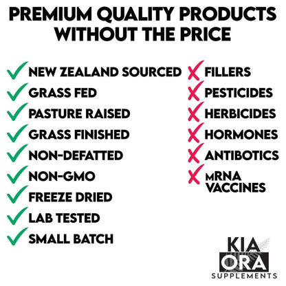 List of premium quality product attributes with checkboxes and KIA ORA Supplements branding.