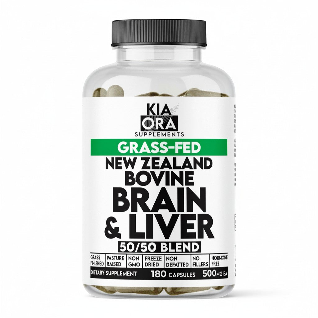 Kia Ora Supplements Grass-Fed New Zealand Bovine Brain & Liver 50/50 Blend capsules for cognitive support.