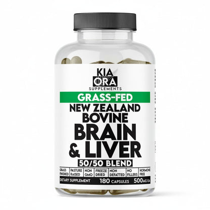 Kia Ora Supplements Grass-Fed New Zealand Bovine Brain & Liver 50/50 Blend capsules for cognitive support.