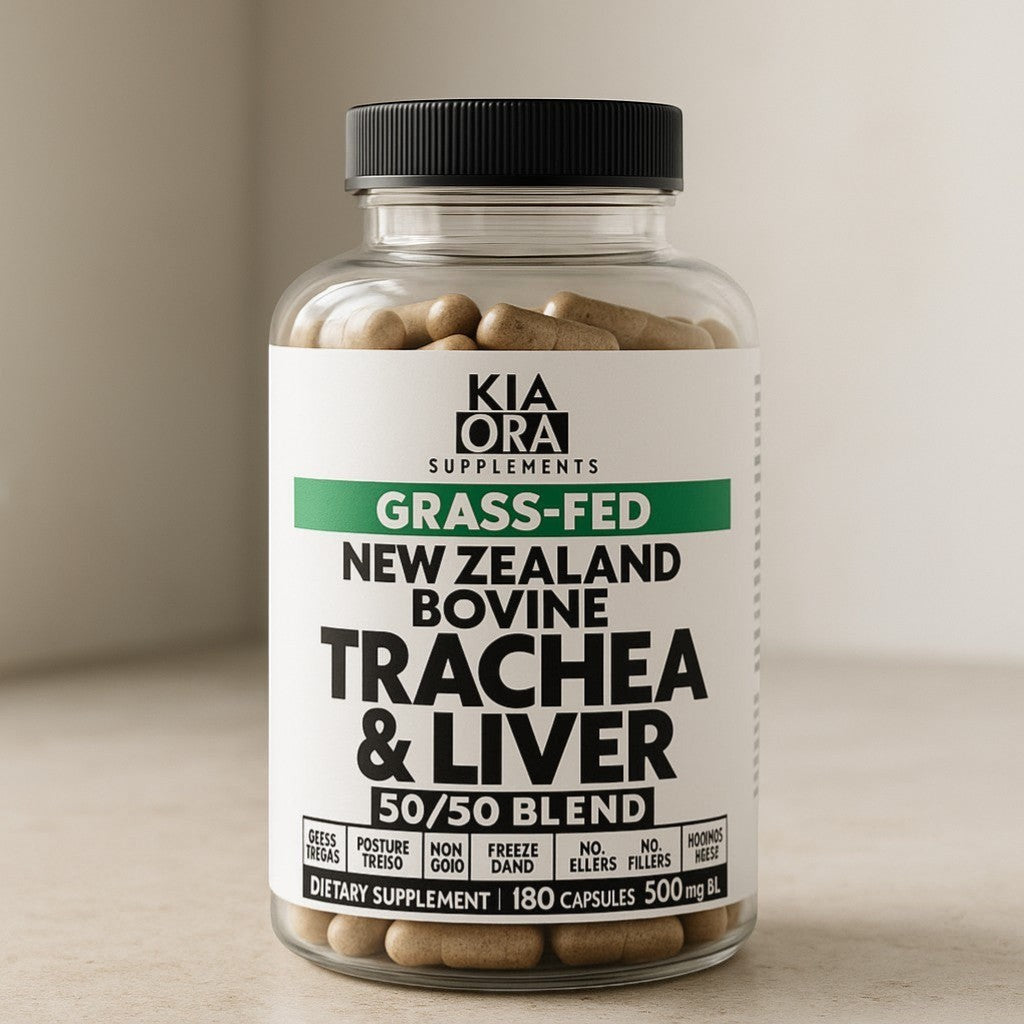 Kia Ora Supplements Grass-Fed New Zealand Bovine Trachea & Liver capsules, 180 count, dietary supplement for collagen and joint support.