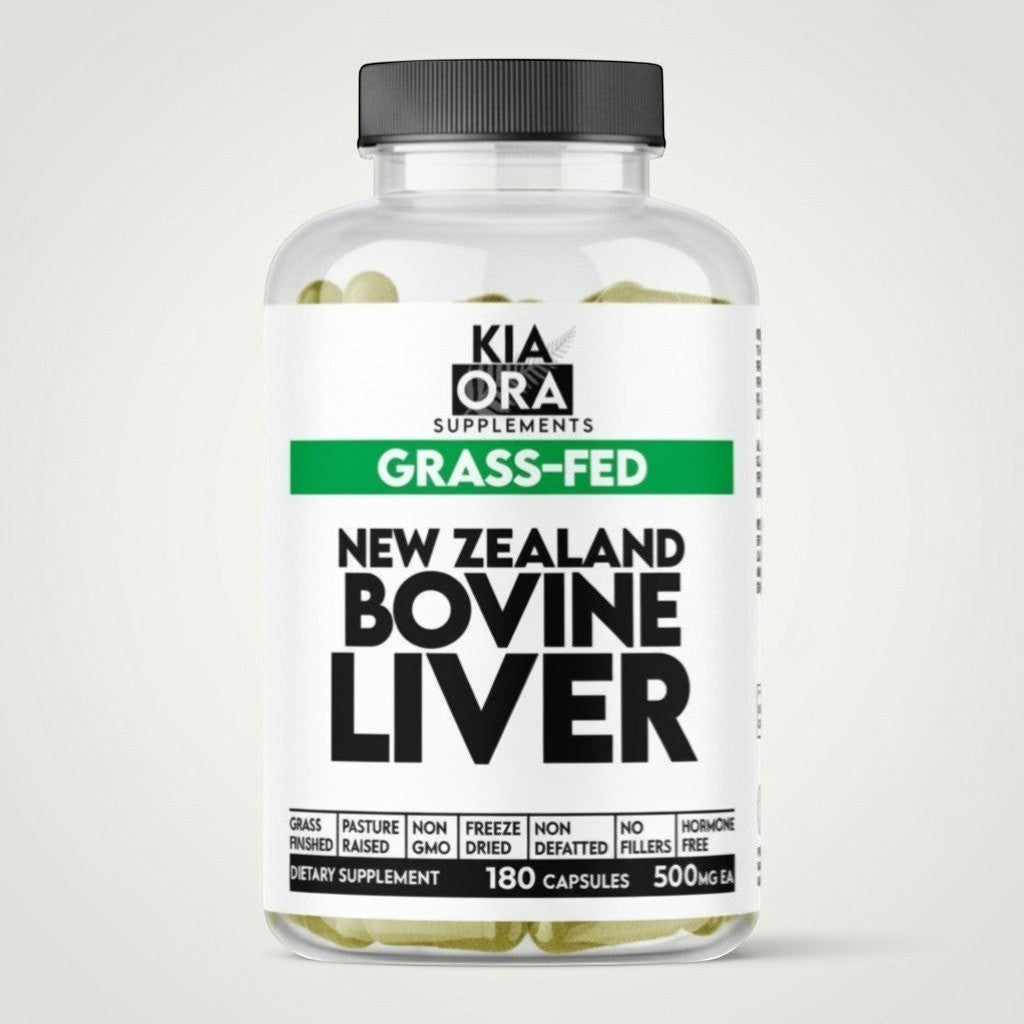 Kia Ora Supplements Grass-Fed New Zealand Bovine Liver capsules, 180 count, 500mg each. Freeze-dried and non-GMO.