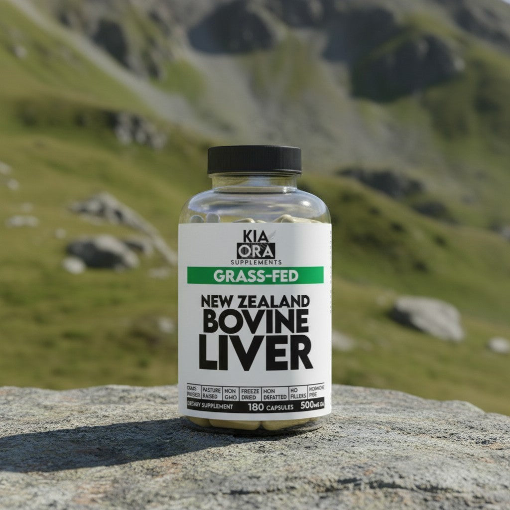 Kia Ora Supplements Grass-Fed New Zealand Bovine Liver capsules, 180 count, 500mg each. Nutrient-dense superfood.