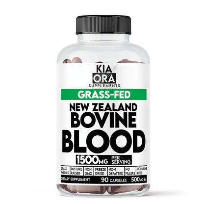Supplement bottle labeled 'Kia Ora Supplements' with 'Grass-Fed New Zealand Bovine Blood' on a white background.