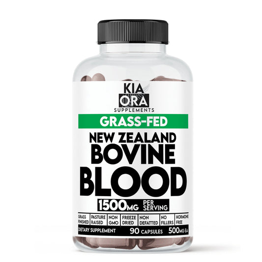 Supplement bottle labeled 'Kia Ora Supplements' with 'Grass-Fed New Zealand Bovine Blood' on a white background.